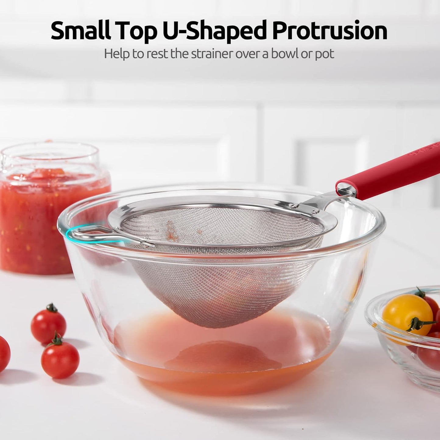 18/8 Stainless Steel Mesh Strainer: U-Taste 5.5 Inch Kitchen Fine Mesh Sieve Food Colander with Riveted Sturdy Silicone Handle and 30 Mesh Hole for Straining Flour, Pasta, Fruit, Quinoa(Aqua Sky)