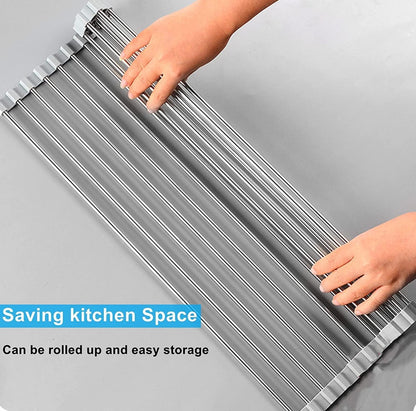 Seropy Roll Up Dish Drying Rack Over The Sink for Kitchen Sink Drying Rack Folding Dish Drainer Mat Rolling Dish Rack Sink Rack Stainless Steel Kitchen Dry Rack Black 17.5x15.7 Inch