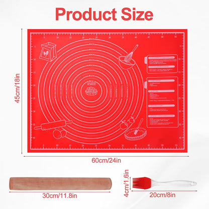 Silicone Baking Mat with Measurement, Non-Slip Pastry Mat, Non-Stick Bread Making Tools with Rolling Pin Dough Scraper and Brush for Pastry Bread Cookies Pizza(18x24in)