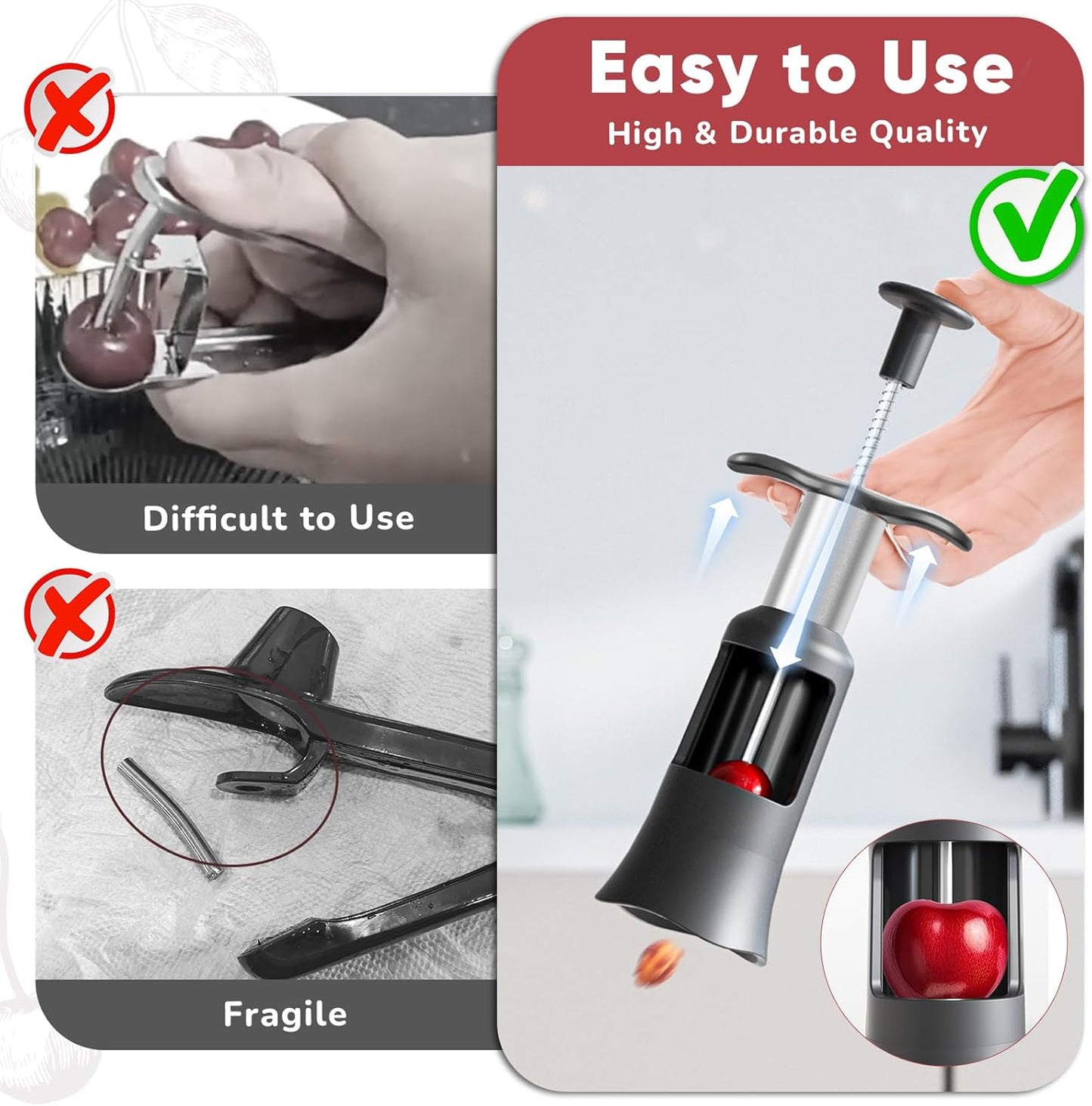 Upgraded Cherry Pitter Tool, Press-Type Cherry Pit Remover, Large 33mm Cherry Seed Remover, Food-Grade Stainless Steel & PP Plastic, Durable Kitchen Tool for Fresh Cherries, Black