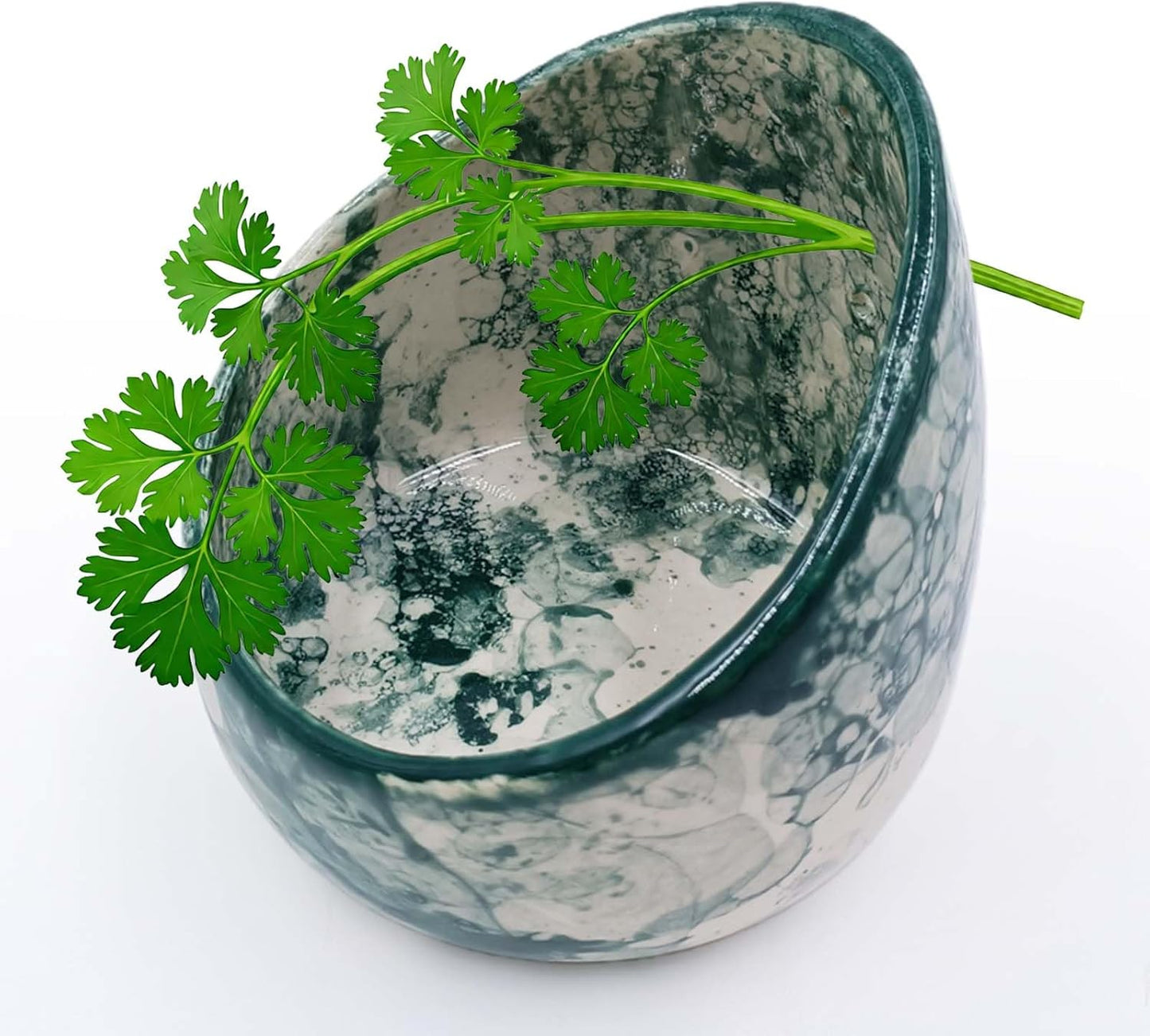 Green Ceramic Herb Stripper Bowl Handmade Pottery Kitchen Tool with 4 Holes for Parsley, Basil, Rosemary, Thyme, Kale & More, Party Angled Bowls Stylish Serving Dish for Berries, Nuts, Dips