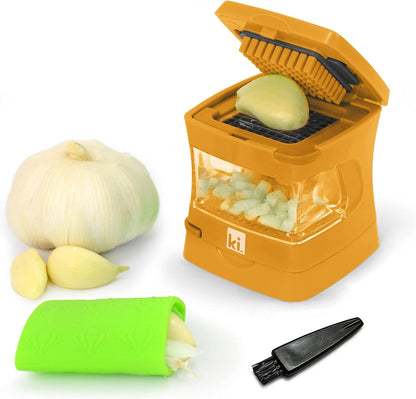 Garlic-A-Peel Garlic Press, Crusher, Cutter, Mincer, and Storage Container - Includes Silicone Garlic Peeler - Easy to Clean - Stainless Steel Blades – (Black), standard