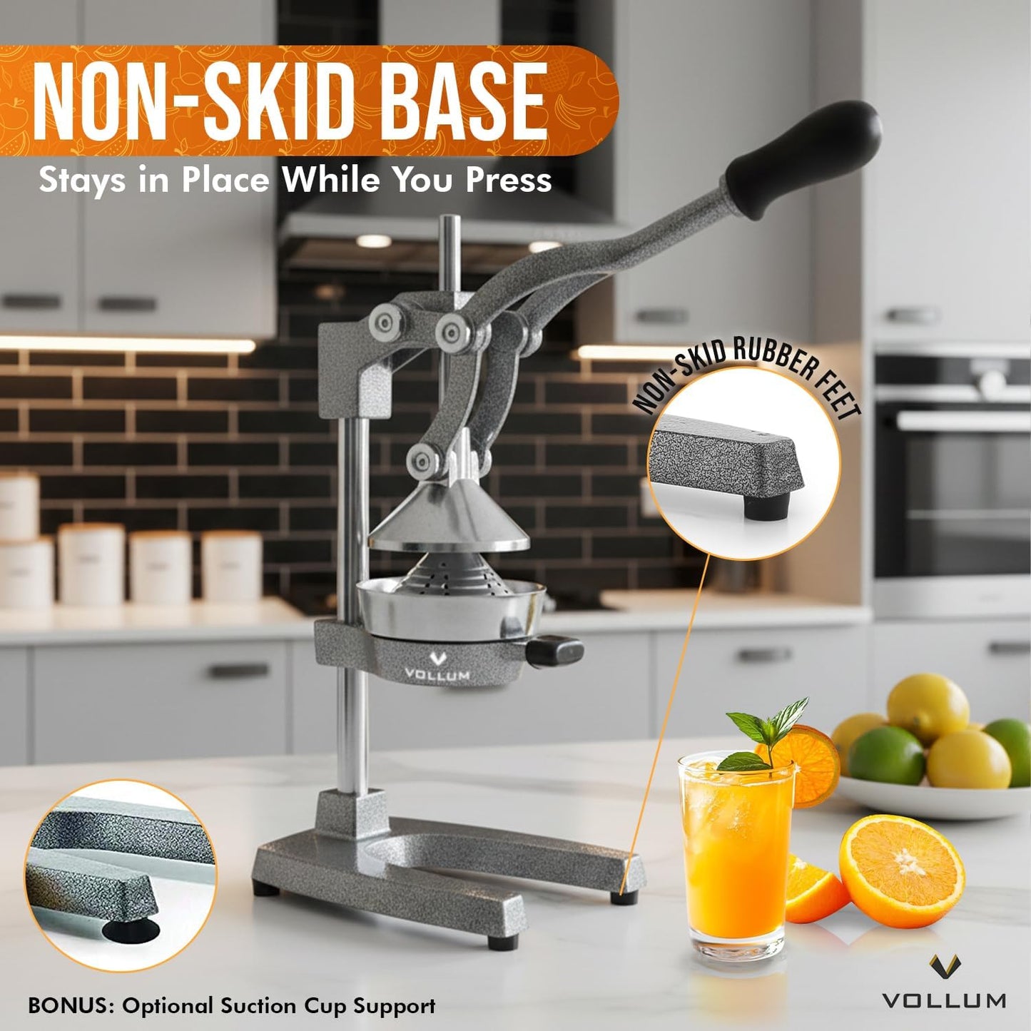 Vollum Hand Press Manual Citrus Juicer - citrus squeezer Commercial Grade Home Orange juice Squeezer for Oranges, Lemons, Limes - Stainless Steel and Cast Iron Non-skid Suction Cup Base- 15 Inch, Gray