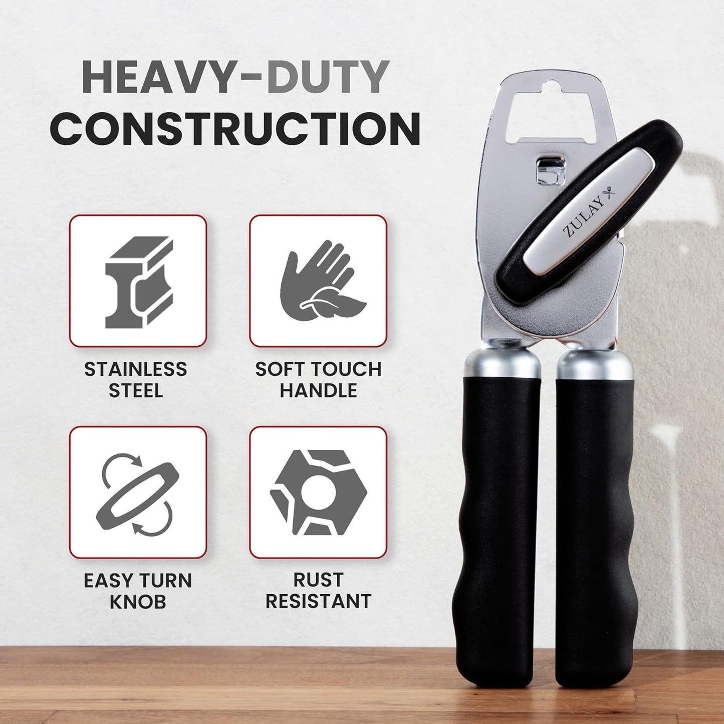Zulay Kitchen Heavy Duty Stainless Steel Can Opener Manual with Bottle Opener - Rust Proof Manual Can Opener With Turn Knob & Comfy Soft Grip Handles - Black - Colors B