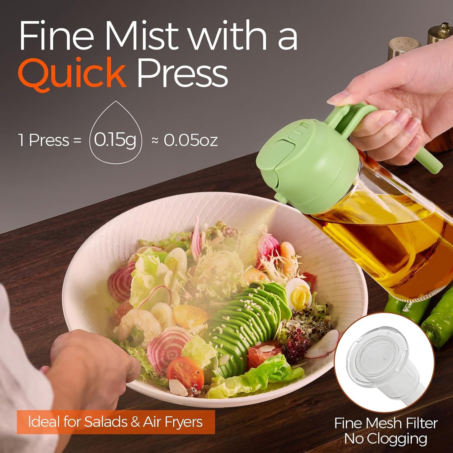 YARRAMATE 16oz/470ml Glass Olive Oil Sprayer for Cooking with Stickers, 2 in 1 Oil Dispenser for Kitchen Gadgets, Food Grade Premium Spray Bottle with Portion Control for Salad, Frying, BBQ (Black)