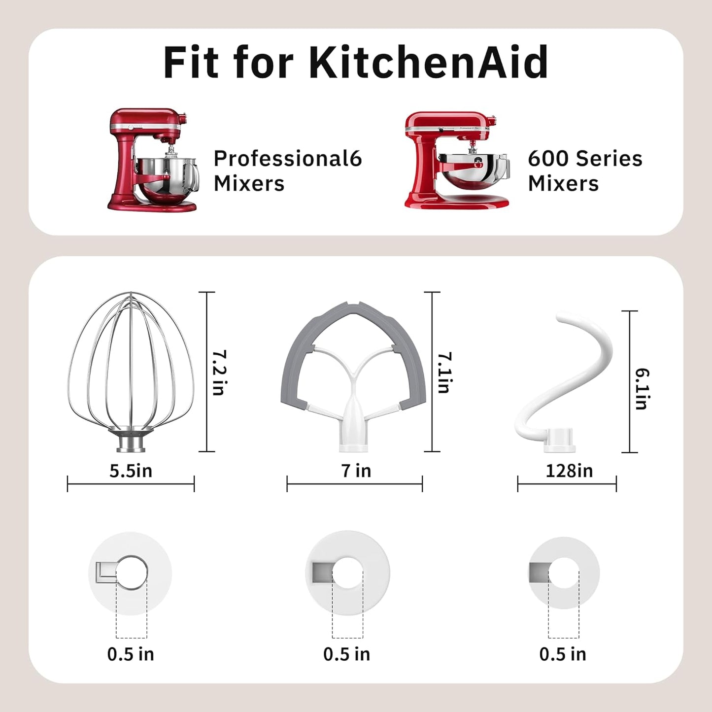 Flex Edge Beater 3Pcs for KitchenAid Mixer Attachments and Accessories Compatible with 4.5-5 Quart Tilt-Head Stand Mixers (K45WW 6-Wire Whip, 4.5-5QT Flat Beater Paddle, 4.5-5QT Dough Hook Attachment)