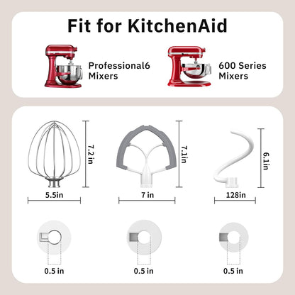 Flex Edge Beater 3Pcs for KitchenAid Mixer Attachments and Accessories Compatible with 4.5-5 Quart Tilt-Head Stand Mixers (K45WW 6-Wire Whip, 4.5-5QT Flat Beater Paddle, 4.5-5QT Dough Hook Attachment)
