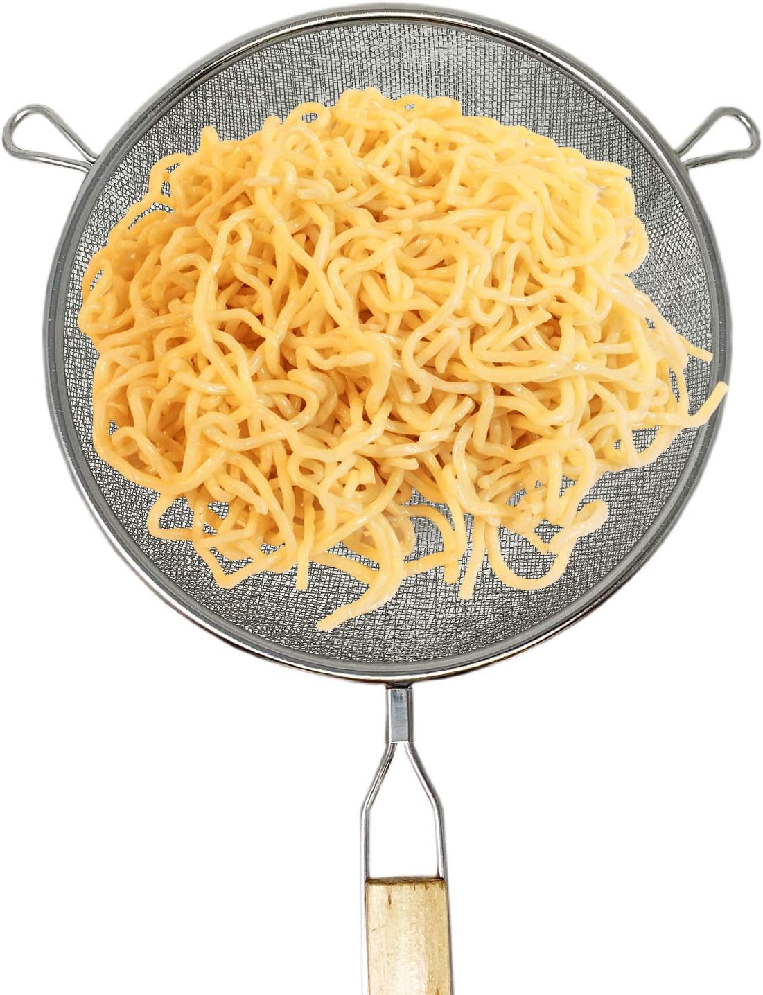 Huji 8-Inch Stainless Steel Double Mesh Food Strainer Colander - Fine Sieve Sifter with Wooden Handle for Kitchen Cooking, Pasta, Rice, Noodles, and More