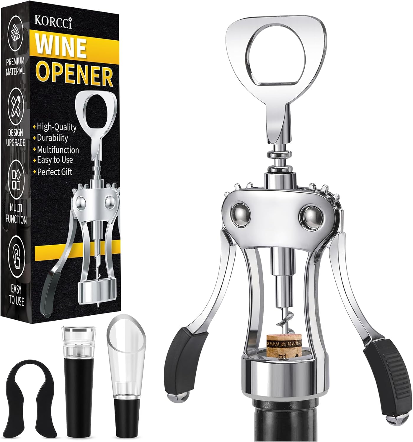 KORCCI Wine Opener, Heavy-Duty Zinc Alloy Wing Corkscrew, Premium Beer Bottle Opener, Multifunctional Wine Accessories with Ergonomic Handle and Sharp Screw, for Kitchen, Bar, Restaurant (SILVER)