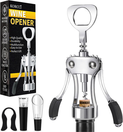 KORCCI Wine Opener, Heavy-Duty Zinc Alloy Wing Corkscrew, Premium Beer Bottle Opener, Multifunctional Wine Accessories with Ergonomic Handle and Sharp Screw, for Kitchen, Bar, Restaurant (SILVER)