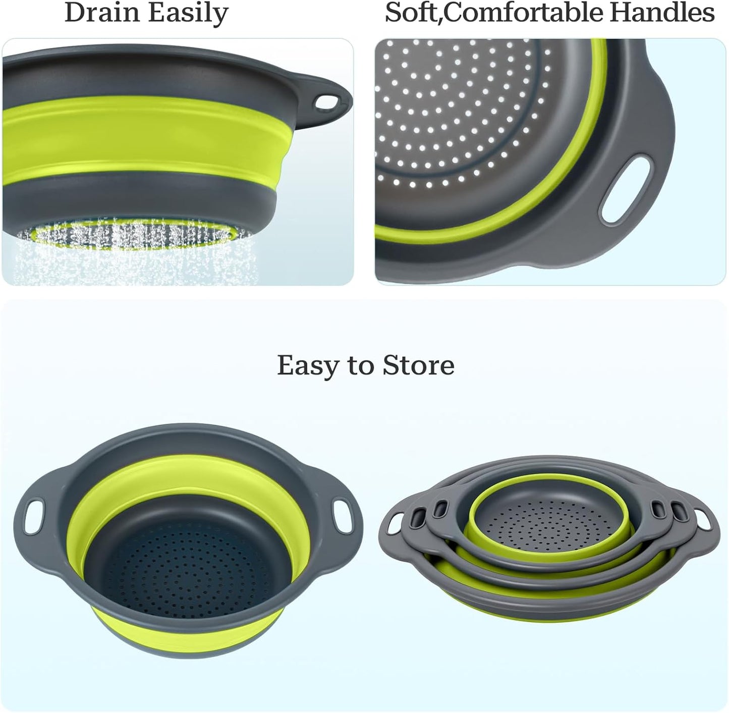 Collapsible Colander 3-Pack Set Space-Saving Foldable Kitchen Strainer with Non-Slip Base Durable Thickened PP+TPE Collapsible Strainers for Pasta, Vegetables, Fruits (Gray-White)