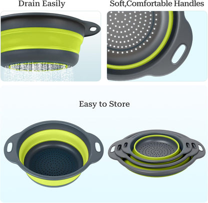 Collapsible Colander 3-Pack Set Space-Saving Foldable Kitchen Strainer with Non-Slip Base Durable Thickened PP+TPE Collapsible Strainers for Pasta, Vegetables, Fruits (Gray-White)