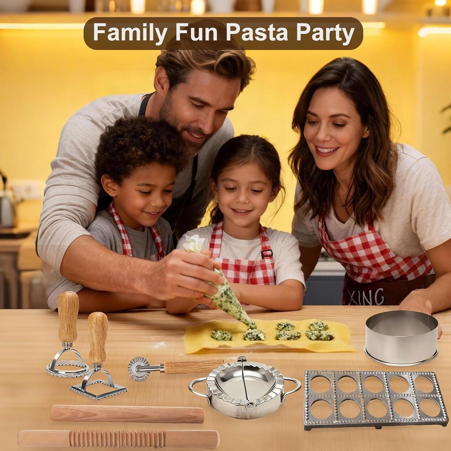 Ravioli Cutter Set - 10 Pieces Ravioli Press Mold, Round & Square Ravioli Stamp, Ravioli Cutter Wheel, Wood Rolling Pin, Pasta Making Kit for Ravioli Mold