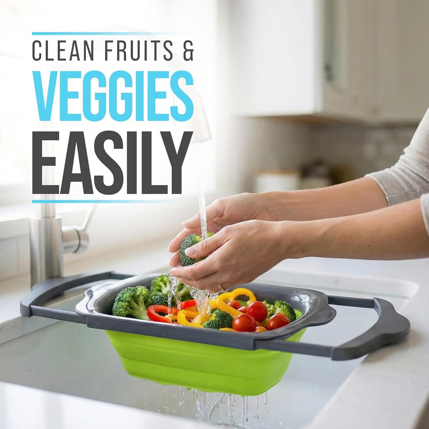 Comfify XL Large Kitchen Strainer - Collapsible Silicone Over - The-Sink Colander with Extendable Handles - Use with Pasta, Fruit, Berries & Veggie - 6 Quart - Blue