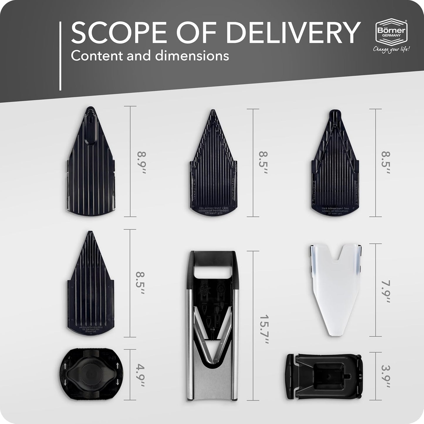 Börner by Reston Lloyd Mandoline Slicer V6 (Starter Set) • Stainless Steel Slicer with V-Blade • Adjustable Kitchen Slicer for Vegetables & Fruits • Various Thicknesses & Grater
