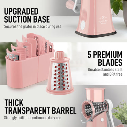 Zulay Kitchen Rotary Cheese Grater 5 Blade Cheese Shredder - Manual Hand Crank Cheese Grater With Reinforced Suction & 5 Interchangeable Drums - Easy to Use, Vegetable Chopper Round Mandoline Slicer - Colors A