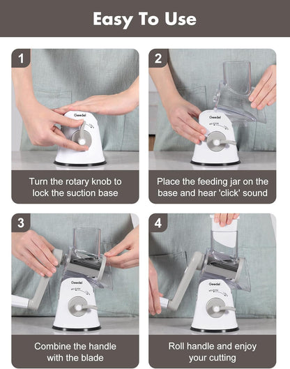 Geedel Rotary Cheese Grater Cheese Shredder with 5 Interchangeable Blades - Upgraded Rotary Grater Featuring Strong Suction Base for Cheese Shredding, Wavy Slicing, Nut Grinding, and Ice Shaving