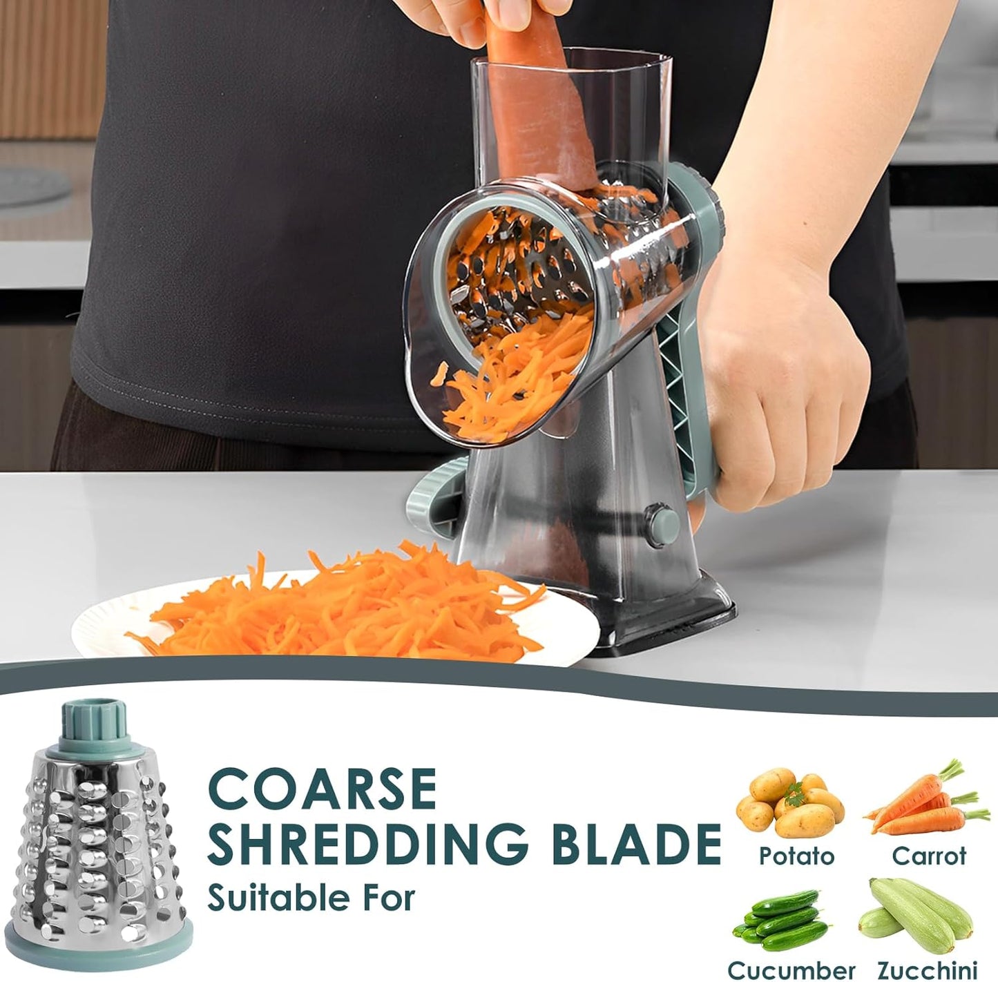 Rotary Cheese Grater with Handle, Shredder Slicer Grinder 3 Stainless Steel Blades Manual Cheese Cutter Hand Crank Graters for Kitchen Potato Zucchini Carrot Potato Vegetable Nuts Chocolate