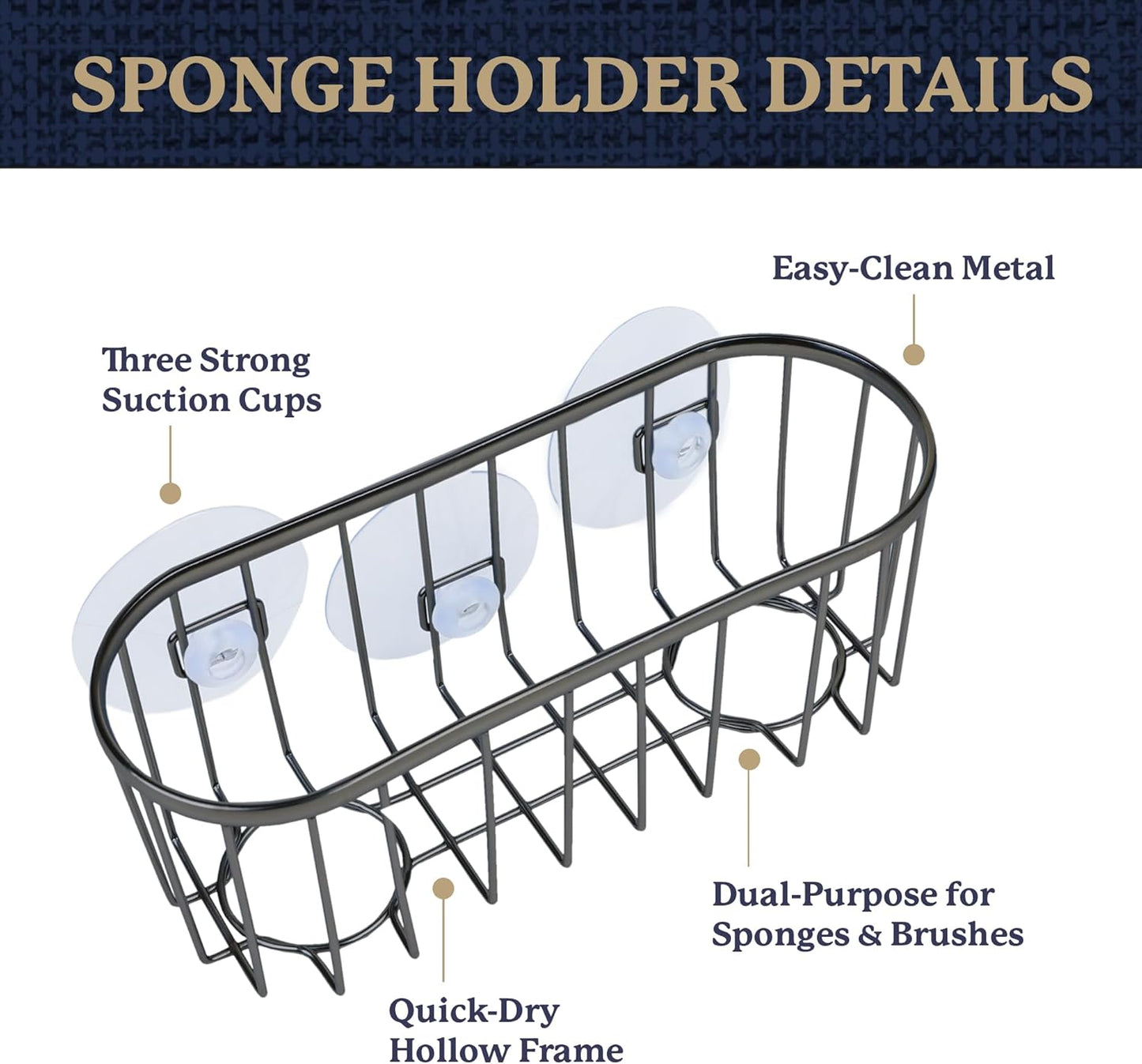 Farberware Sponge Holder for Kitchen Sink—Brushed Metal Sink Caddy Organizer with Triple Suction Cups, Kitchen Organizer for Sponges, Brushes, Soap & Cleaning Essentials