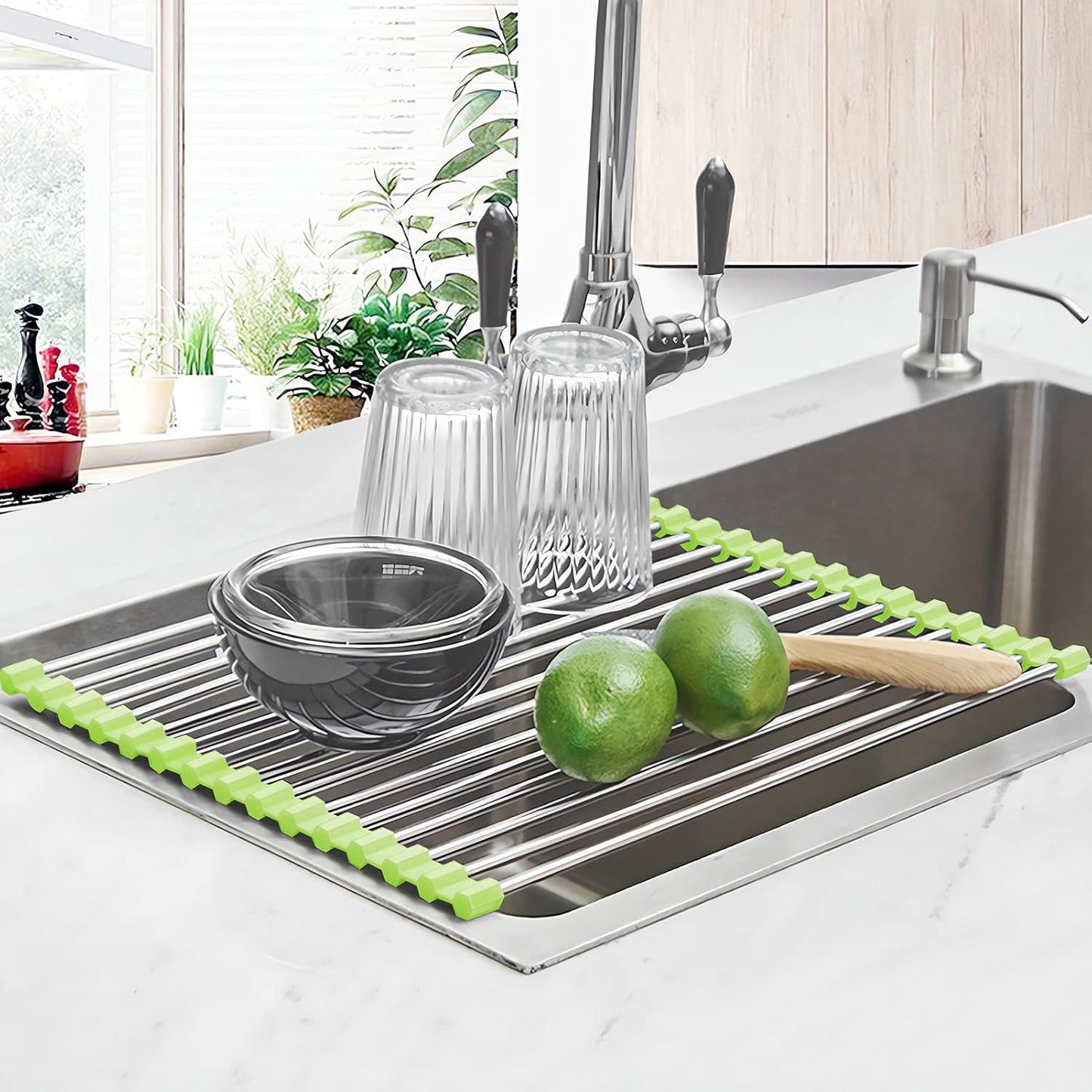 Seropy Roll Up Dish Drying Rack Over The Sink for Kitchen Sink Drying Rack Folding Dish Drainer Mat Rolling Dish Rack Sink Rack Stainless Steel Kitchen Dry Rack Black 17.5x15.7 Inch