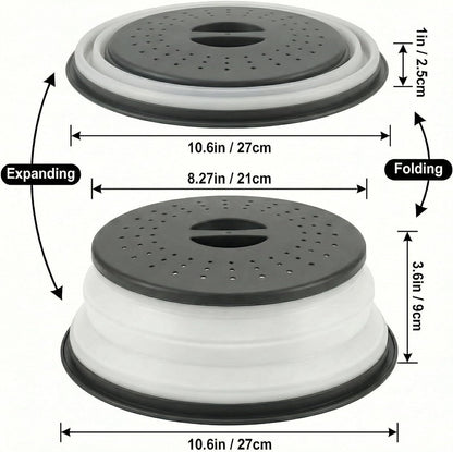 Collapsible Microwave Splatter Cover for Food, Vented Microwave Plate Cover Lid 10.5 inch, BPA-Free Silicone & Plastic, Dishwasher Safe, Multipurpose Colander for Fruit Vegetable, Black
