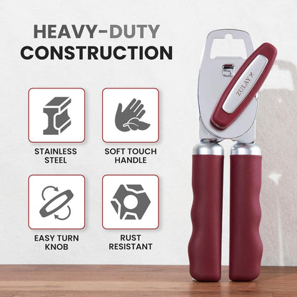 Zulay Kitchen Heavy Duty Stainless Steel Can Opener Manual with Bottle Opener - Rust Proof Manual Can Opener With Turn Knob & Comfy Soft Grip Handles - Black