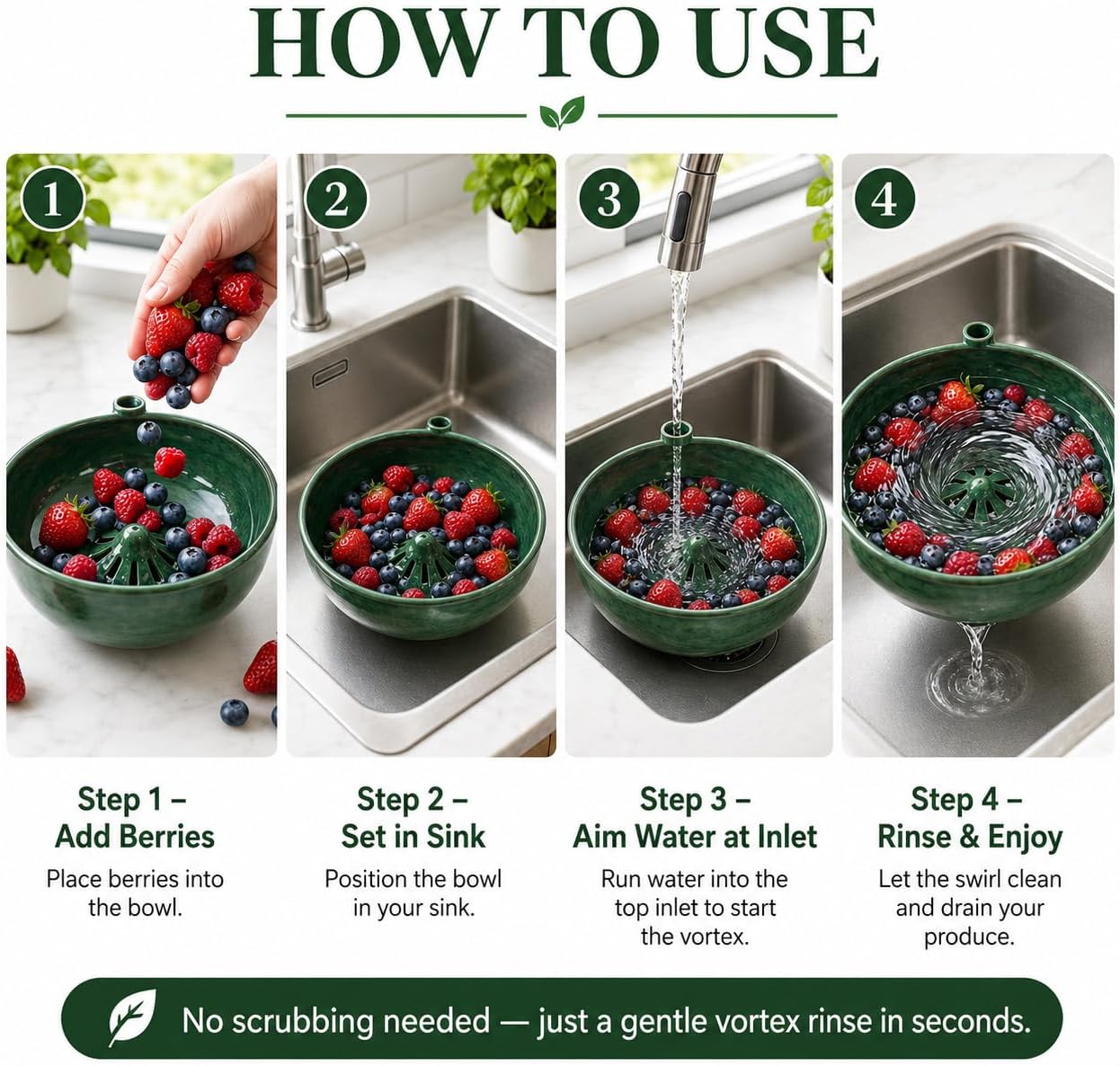 Berry Rinse Bowl Self Spinning 3d Printed Berry Bowl Washer, 360° Vortex Swirl Fruit Washing Colander With Drain Holes, Ceramic Style Automatic Rinse Strainer For Berries Vegetables Kitchen (1PCS)