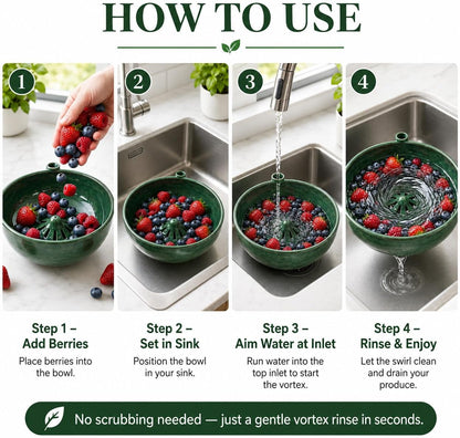 Berry Rinse Bowl Self Spinning 3d Printed Berry Bowl Washer, 360° Vortex Swirl Fruit Washing Colander With Drain Holes, Ceramic Style Automatic Rinse Strainer For Berries Vegetables Kitchen (1PCS)