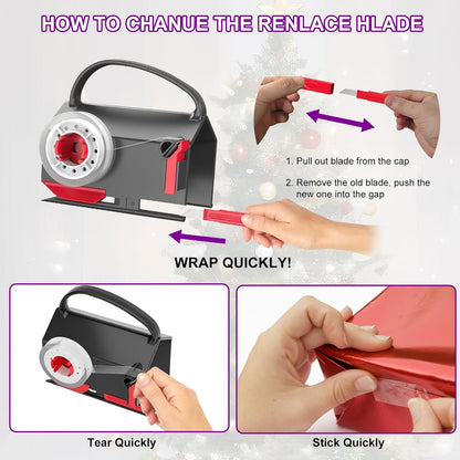 Upgrade 2 Pack Wrapping Paper Cutter &Tape Dispenser Dual Use, Gift Wrap Cutter Tool with 4 Tapes, 2 Replace Blades Kit for Rolls Paper, Perferct for Christmas Birthday, Easy Cut for Present Wrapping