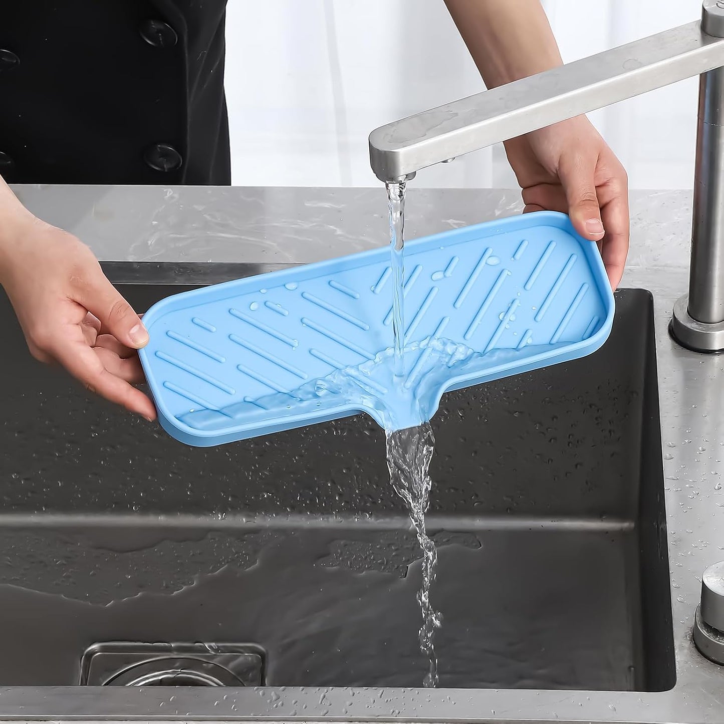 MicoYang Silicone Soap Dish with Drain Spout, Self-Draining Sink Organizer Tray for Bathroom and Kitchen, Sponges, Dispensers and Soap Holder, Non-Slip and Dishwasher Safe, Black (Compact, 4.9"×3.2")