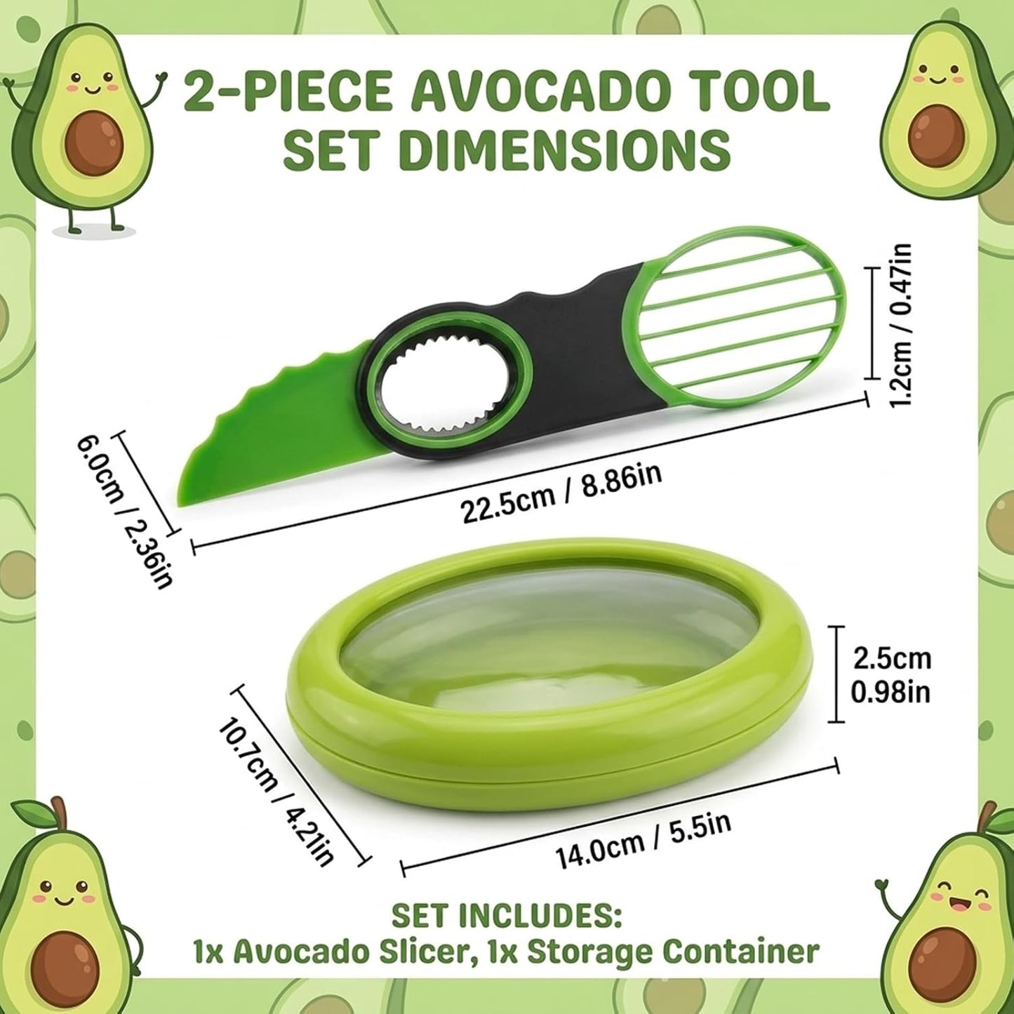 Avocado Slicer, Avocado Cutter Tool, 2-Piece Kitchen Gadget Set with Stainless Steel Blade and Storage Container, Dishwasher Safe for Fruits and Vegetables, Compact Design for Travel and Camping