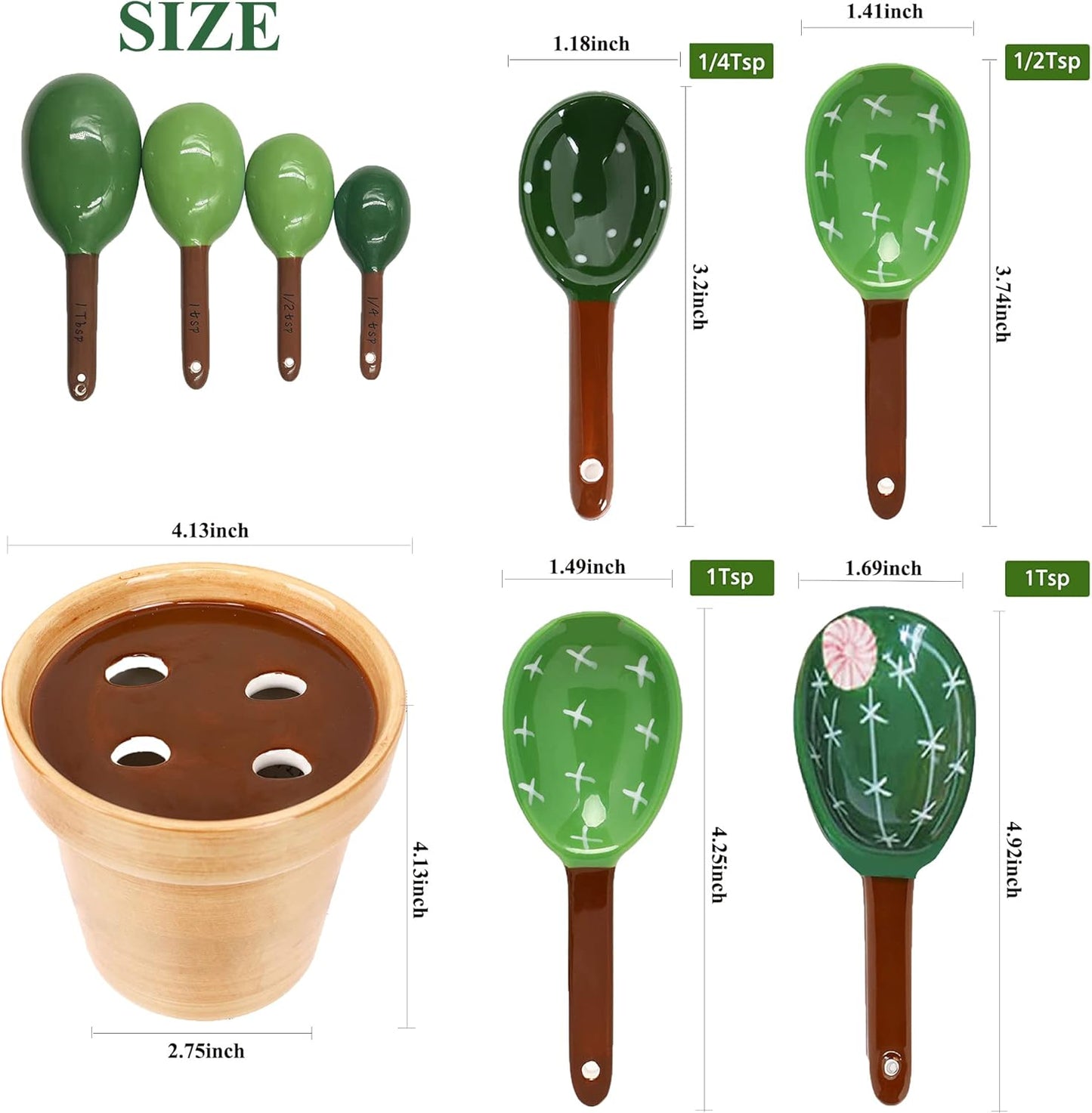 5 Pieces Measuring Spoons Set/Ceramics Spoons and Measuring Base Cup/for Dry and Liquid Ingredient, Cute Cactus Shape (Solid color base)
