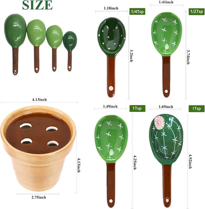 5 Pieces Measuring Spoons Set/Ceramics Spoons and Measuring Base Cup/for Dry and Liquid Ingredient, Cute Cactus Shape (Solid color base)