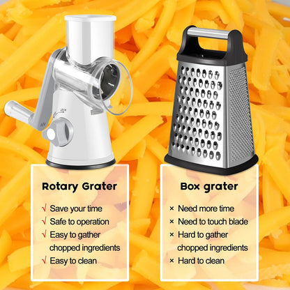 Ourokhome Rotary Cheese Grater Hand Crank, Kitchen Shredder Speed Mandolin Slicer Nut Grinder with Handle and Drum Blades for Cheese, Vegetable, Walnut, Chocolate, Potato, Carrot, 3 Blades, Dark Blue