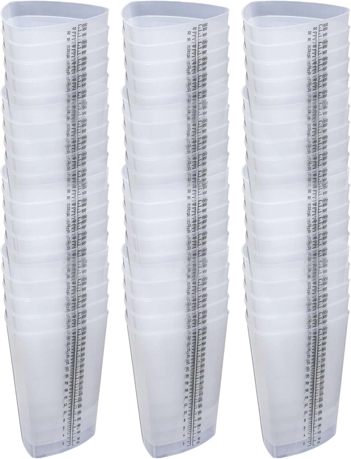 Vakly Plastic Graduated Triangular Intake Output Container [5 Pack] 32 ounce Three-Sided Translucent Laboratory Beaker for Measuring & Mixing - Clear Markings in oz & cc - for Specimen, Paint & Epoxy