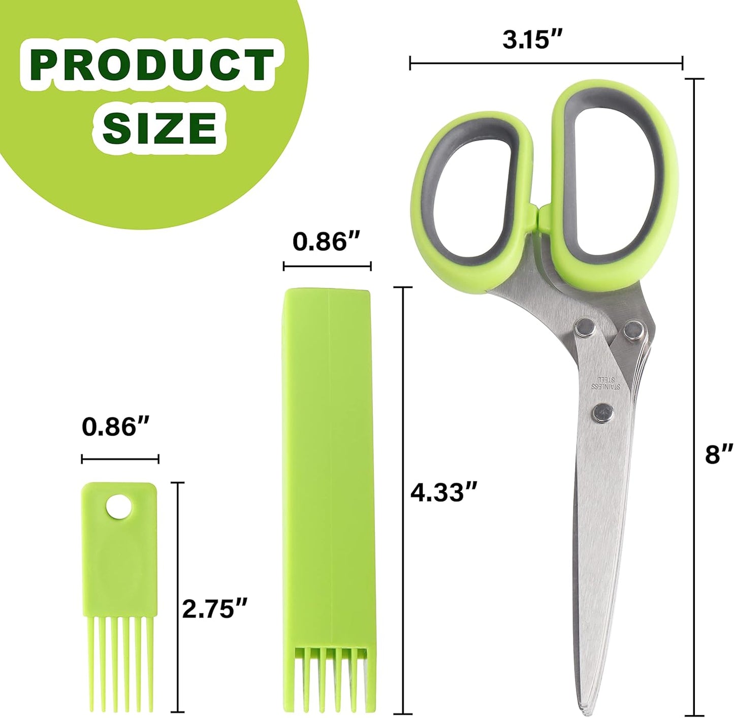 LUVCOSY Herb Scissors, Premium Stainless Steel 5 Blade Kitchen Salad Scissors Dishwasher Safe, Sharp and Convenient 5 Blade with Safety Cover, Herb Stripping Tool and Cleaning Comb