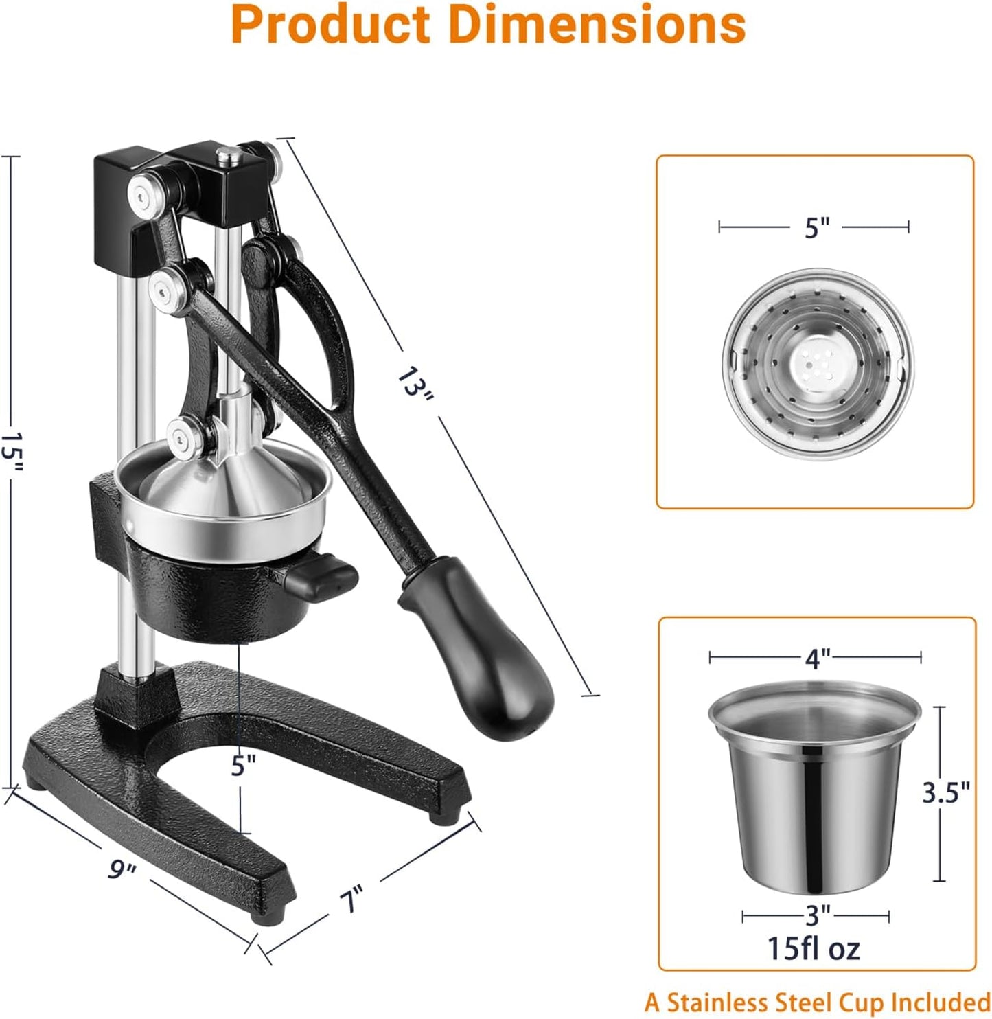 TONGCHANT Manual Juicer, Heavy Duty Cast Iron Juicer | Hand Press Juicer for Orange Lemon Lime Pomegranate & Citrus Fruits, High Leverage for Easy Juicing, Stainless Steel Cup, Easy to Clean, Black