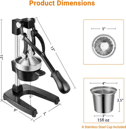 TONGCHANT Manual Juicer, Heavy Duty Cast Iron Juicer | Hand Press Juicer for Orange Lemon Lime Pomegranate & Citrus Fruits, High Leverage for Easy Juicing, Stainless Steel Cup, Easy to Clean, Black