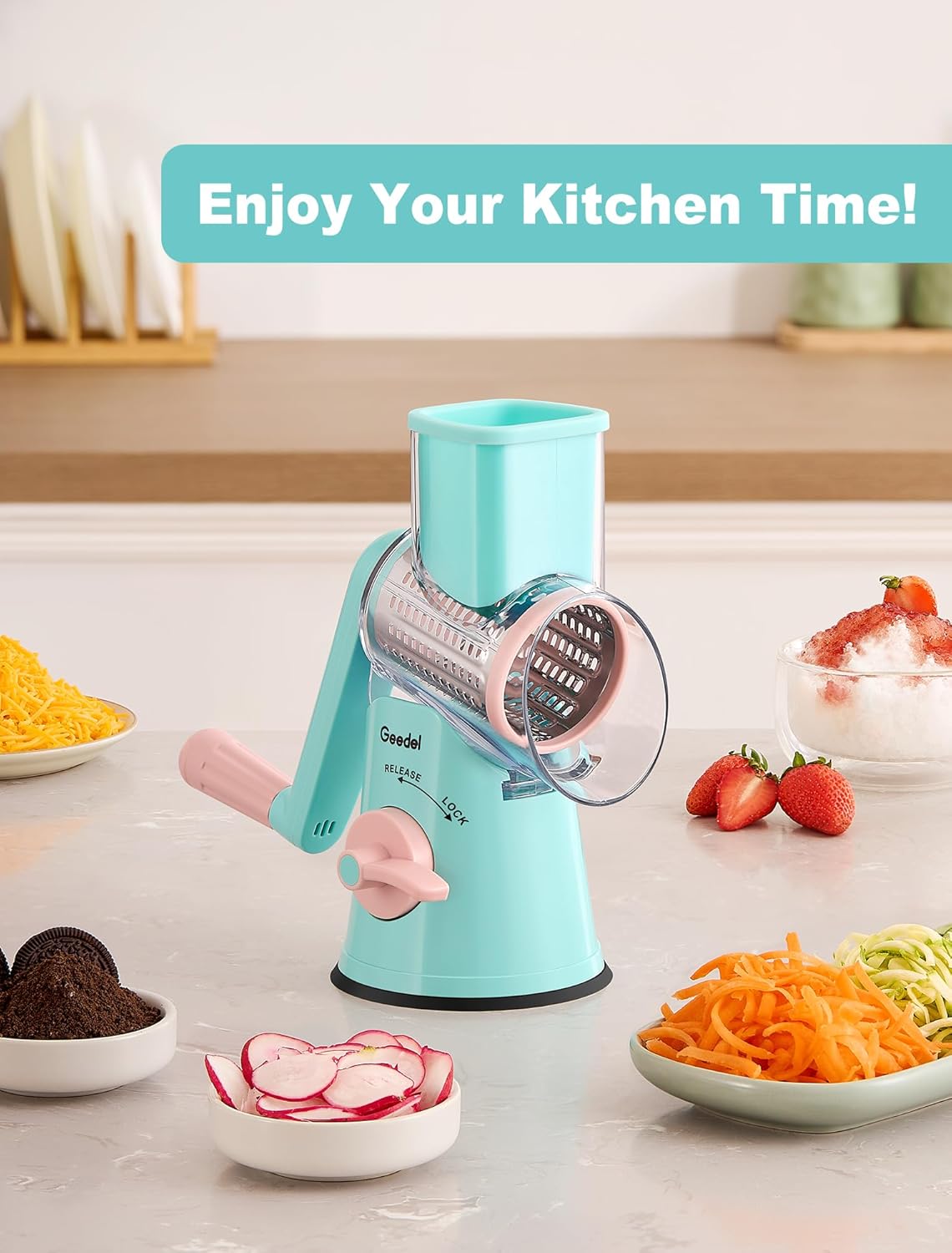 Geedel Rotary Cheese Grater, Kitchen Mandoline Vegetable Slicer with 3 Interchangeable Blades, Easy to Clean Grater for Fruit, Vegetables, Nuts