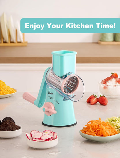 Geedel Rotary Cheese Grater, Kitchen Mandoline Vegetable Slicer with 3 Interchangeable Blades, Easy to Clean Grater for Fruit, Vegetables, Nuts
