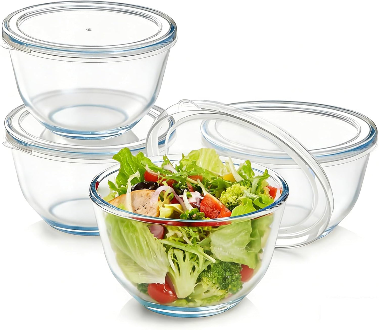 4-Piece Glass Bowls with Lids, Oven Dishwasher Safe Serving Bowls Serving, Clear Glass Serving Bowls for Salad, Pasta, Soup, Cereal-27 oz Capacity