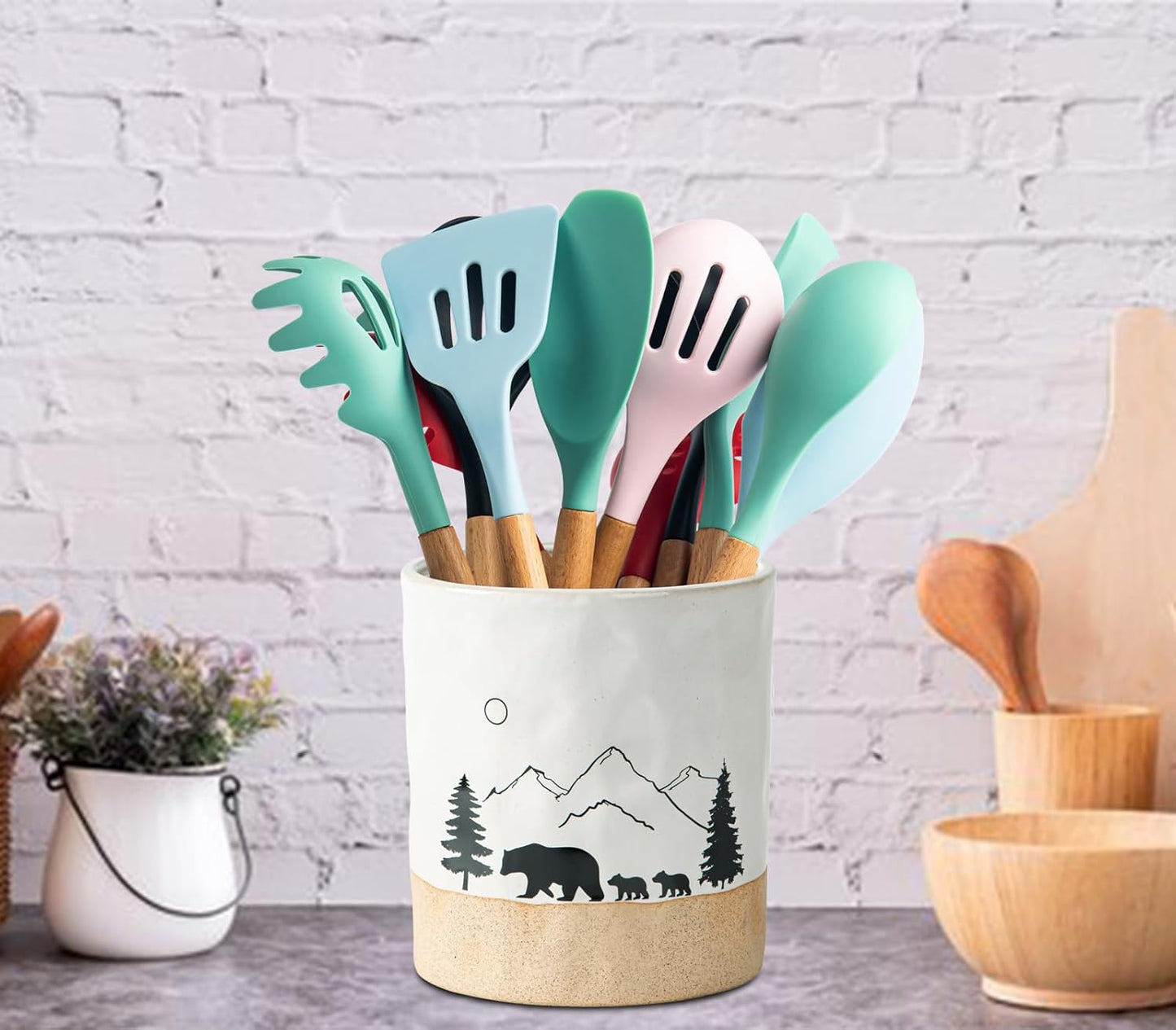 dgudgu Bear Ceramic Kitchen Countertop Utensil Crock White Large Cooking Utensil Holder
