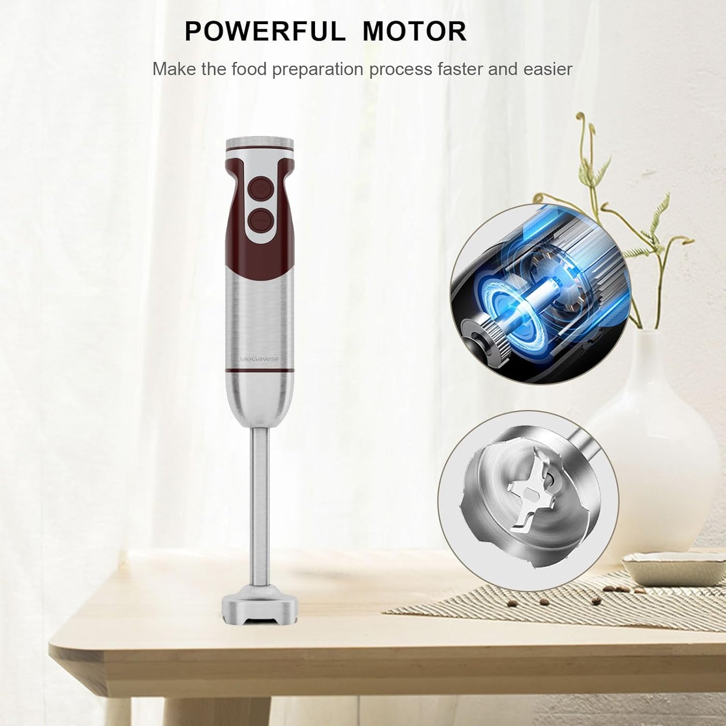 MegaWise 5-in-1 Hand Blender, Powerful Immersion Stick Blender with Titanium Reinforced Blades, 12-Speed Control, Includes Chopper, Beaker, Whisk & Frother for Smoothies & Baby Food
