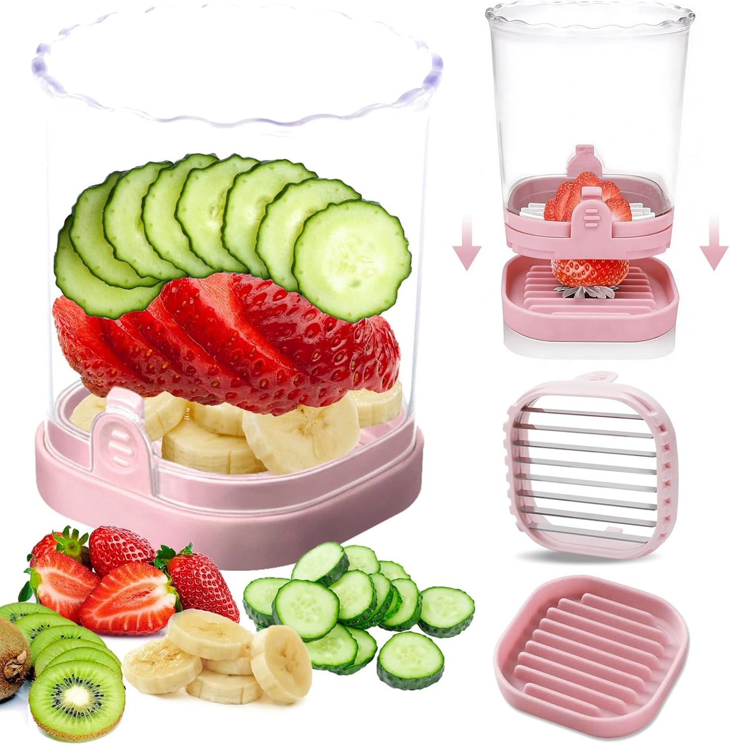 Strawberry Slicer：Fruit Slicer Cup Veggie Salad Speed Cutter for Strawberries Egg Banana Mushroom Cucumber Kiwi the Kitchen Portable Slicing Tool (Pink)