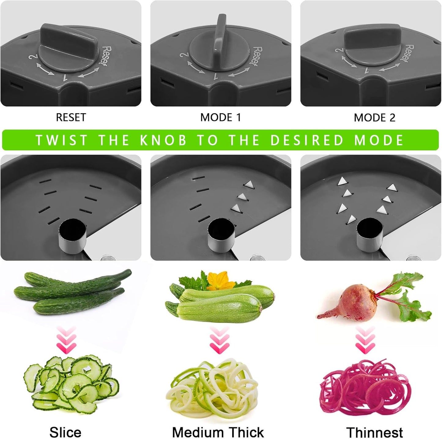 3 in 1 Vegetable Spiralizer Slicer, Adjustable Zucchini Carrot Noodle Maker, Cucumber Spiral Cutter, Easy to Use Kitchen Tool（White）