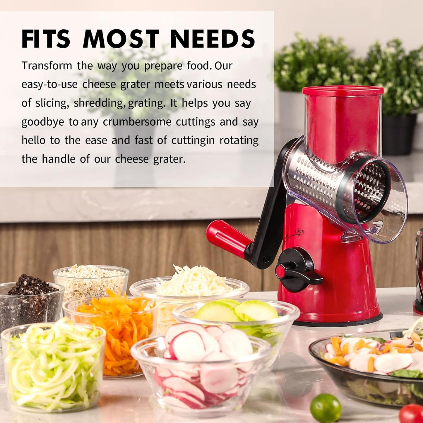 Rotary Cheese Grater, 3 in 1 Cheese Shredder Grater Rotary with Handle, Vegetable Mandoline Slicer Shredder for Vegetable, Cheese, Nut