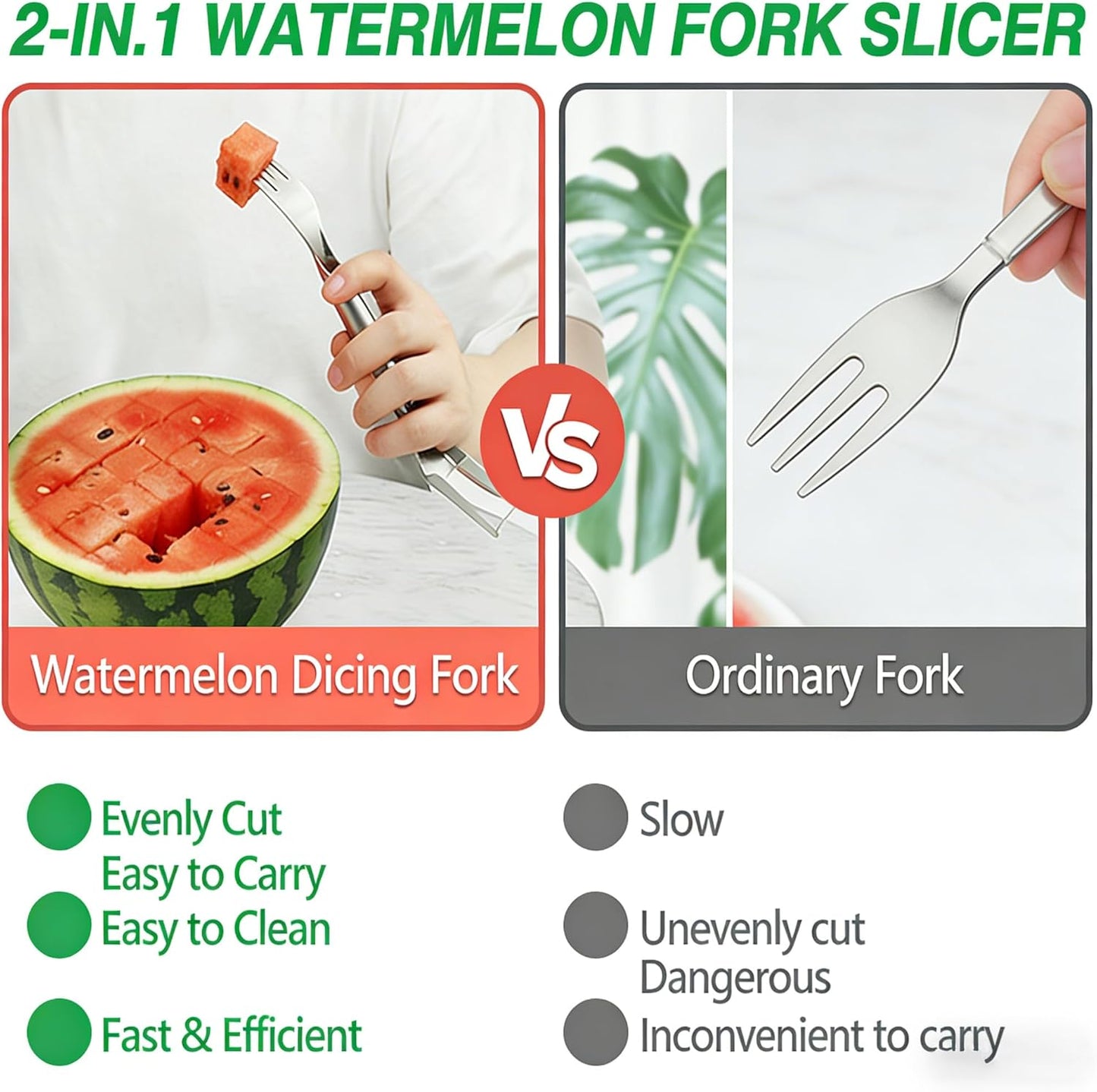 Watermelon Fork Slicer Cutter, 2PCS Stainless Steel 2-in-1 Watermelon Cutter, Portable Watermelon Fork Watermelon Cutter Slicer Tool Fruit Forks Slicer for Home Party Camping Kitchen Gadget