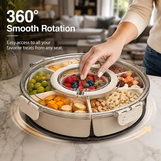 360°Rotating Divided Serving Tray with Clear Lid - BPA-Free Snack Spinner with Removable Compartments - Versatile Snackle Box Container for Parties, Picnics, Taco Night & Meal Prep