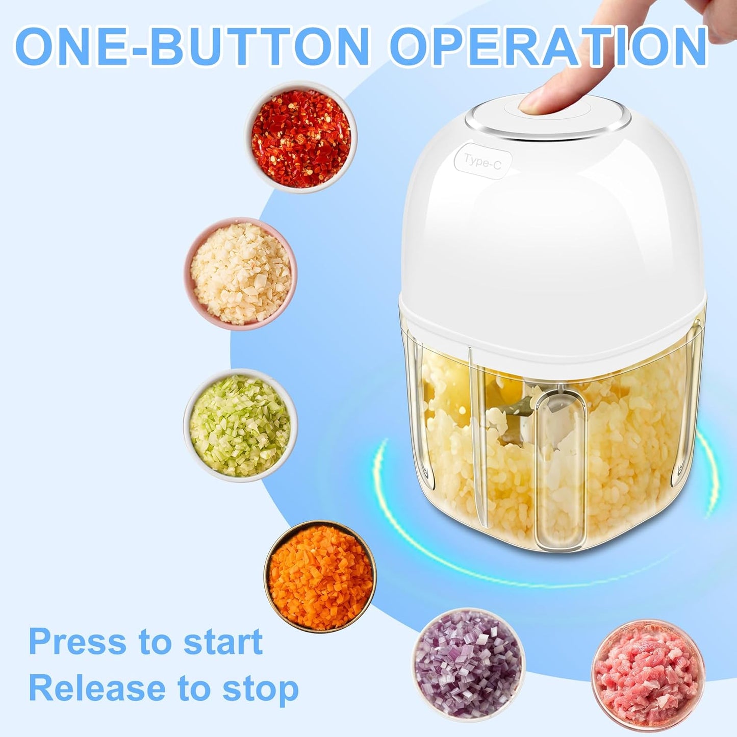 Electric Garlic Chopper, 1.4 Cup Mini Garlic Mincer Food Chopper Portable, Small Food Processor with USB Charging for Onion, Chili, Ginger, Veggie, Meat (350ML)