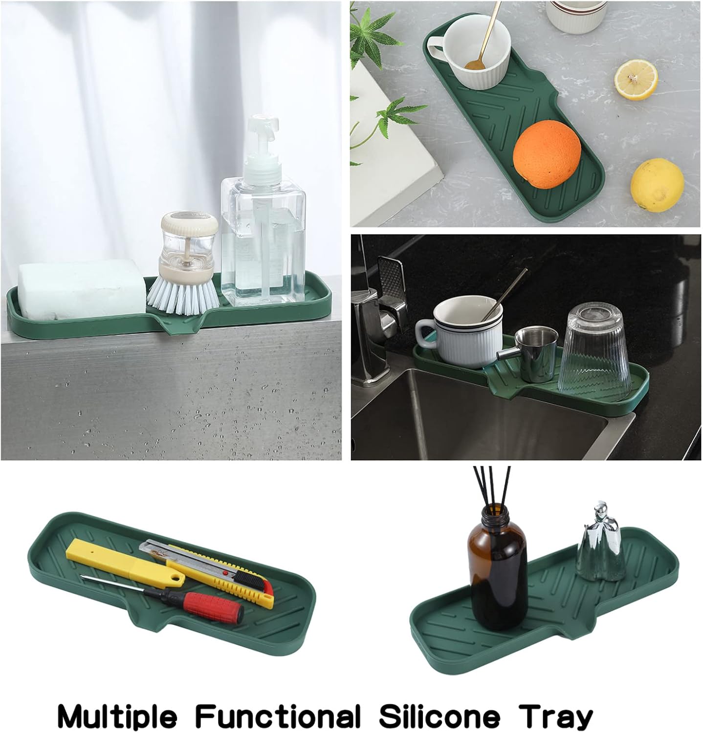 MicoYang Silicone Soap Dish with Drain Spout, Self-Draining Sink Organizer Tray for Bathroom and Kitchen, Sponges, Dispensers and Soap Holder, Non-Slip and Dishwasher Safe, Black (Compact, 4.9"×3.2")